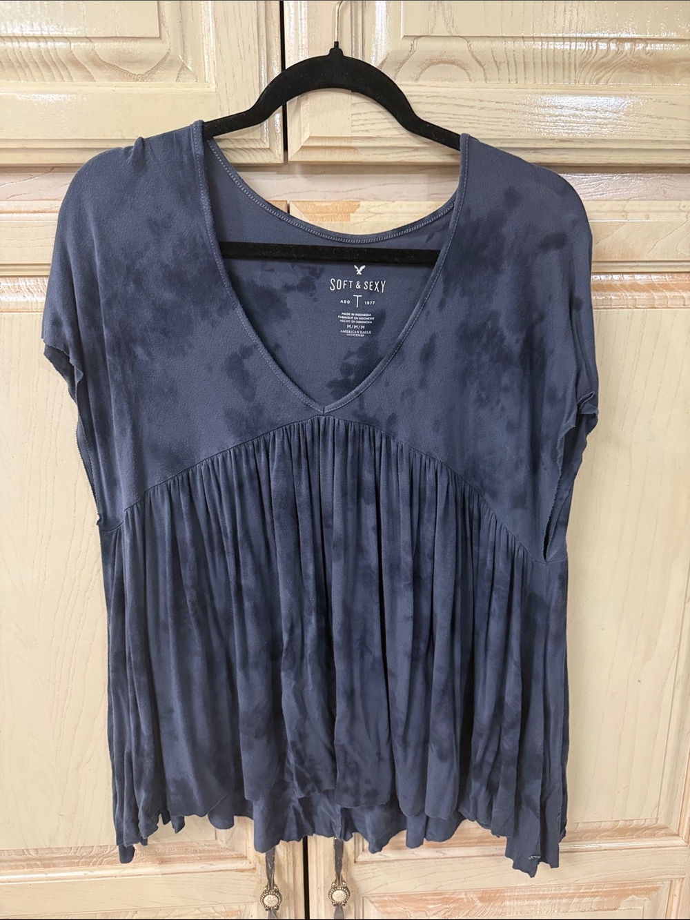 Women's Slate Blue V-Neck Pleated Short Sleeve Top
